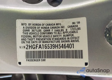 2009 Honda Civic Lx from USA, damaged, VIN 2HGFA16539H546401